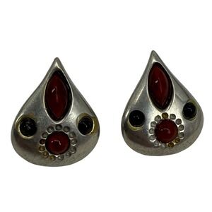 Vintage Southwestern Teardrop Earrings Red Glass Cabochon Silver Tone Studs Boho
